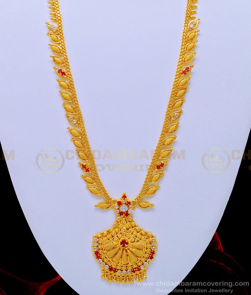 HRM575 - Beautiful Leaf Design White and Ruby Stone One Gram Gold Long Haram Online