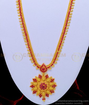 HRM578 - One Gram Gold Ruby Stone Flower Design Bridal Wear Long Haram Online 
