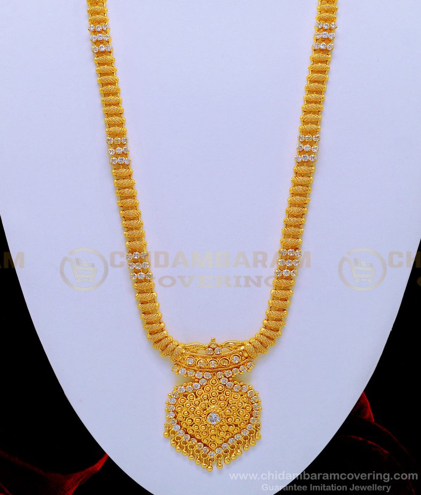 HRM580 - South Indian Jewellery Gold Look White Stone Long Chain Haram Buy Online