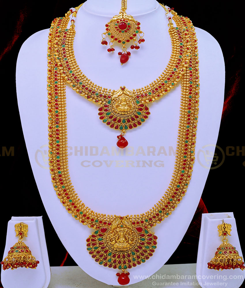 HRM588 - First Quality Temple Jewellery Matte Finish Lakshmi Design Mini Bridal Jewellery Set Online