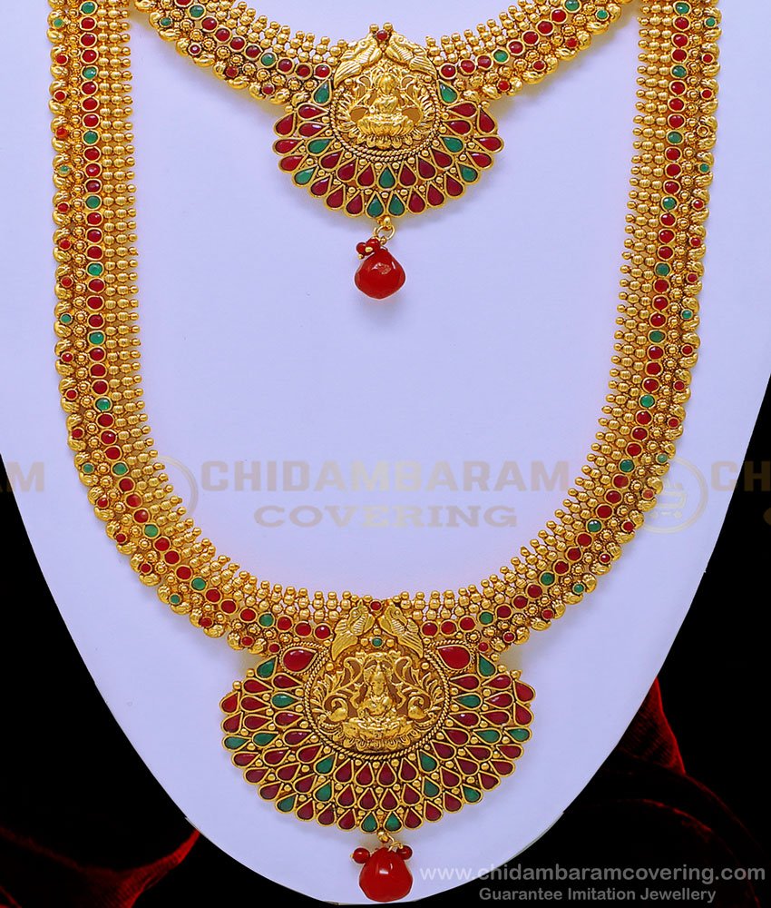 HRM588 - First Quality Temple Jewellery Matte Finish Lakshmi Design Mini Bridal Jewellery Set Online