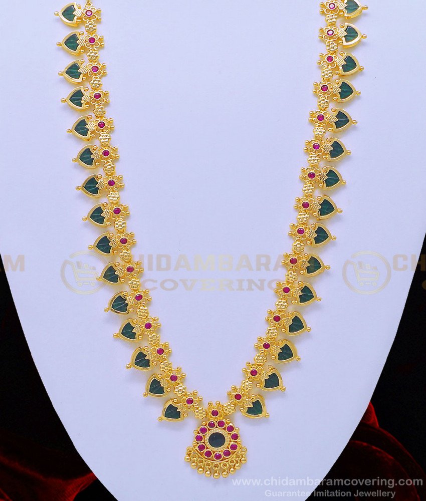 HRM593 - Kerala Traditional Marriage Green Palakka Mala One Gram Gold Long Palakka Haram Online