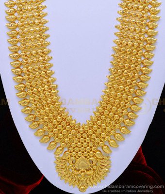 HRM599 - Attractive Gold Design Kerala Bridal Long Mango Haram with Four Line Golden Beads Haram 
