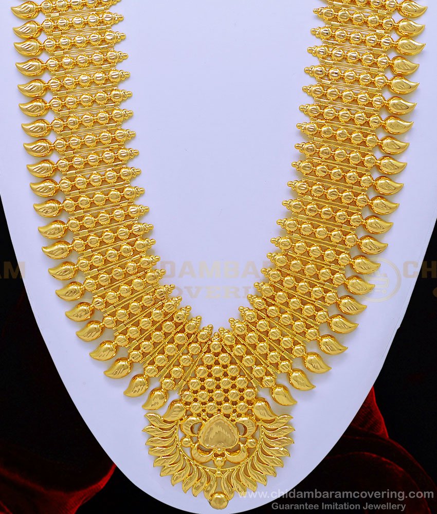 HRM599 - Attractive Gold Design Kerala Bridal Long Mango Haram with Four Line Golden Beads Haram 
