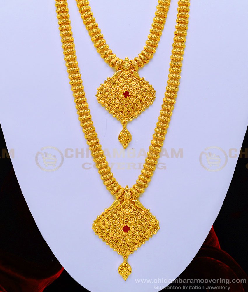 HRM602 - 1 Gram Gold Net Pattern Diamond Shape Stone Dollar with Long Chain Haram Necklace Combo Set 