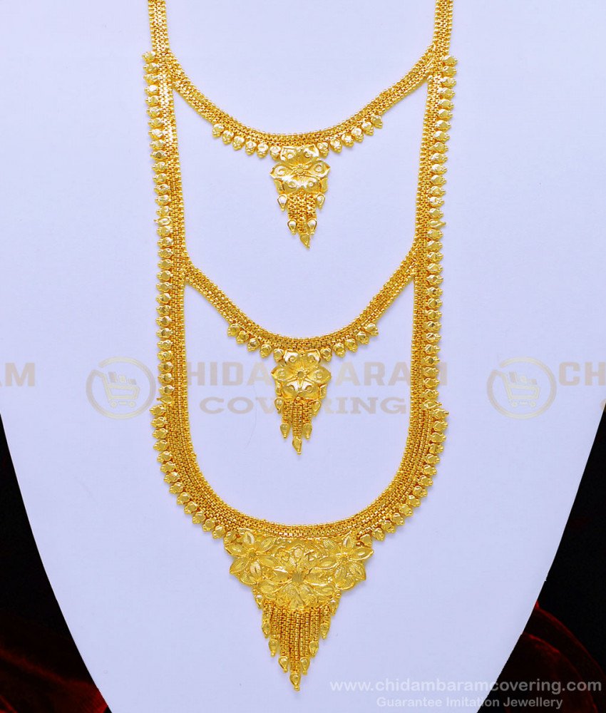 HRM619 - One Gram Gold Light Weight Haram Design 3 Line Calcutta Long Haram for Wedding