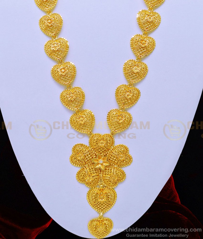 HRM621 - Attractive White Stone Flower Design Long Haram Gold Plated Jewellery Online 