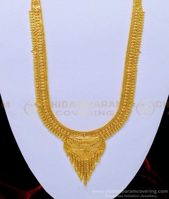 HRM633 - Latest Plain Gold Haram Calcutta Design Bridal Haram with Earring Set Online