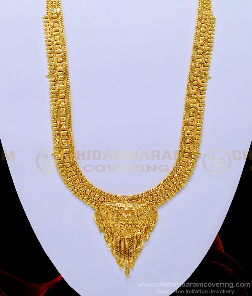 HRM633 - Latest Plain Gold Haram Calcutta Design Bridal Haram with Earring Set Online