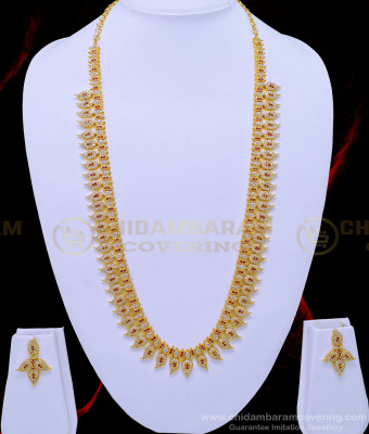 HRM637 - Latest White and Ruby Ad Stone Full Mango Work Heavy Gold Plated Haram With Earrings Set 