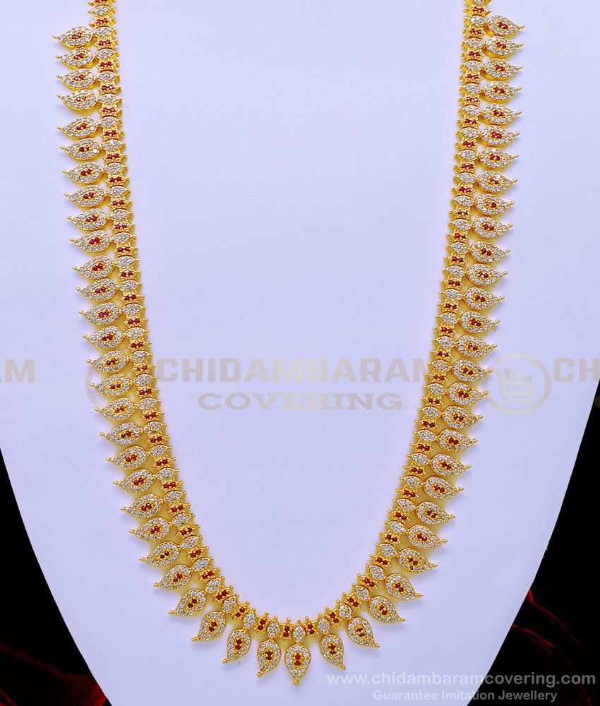 HRM637 - Latest White and Ruby Ad Stone Full Mango Work Heavy Gold Plated Haram With Earrings Set 