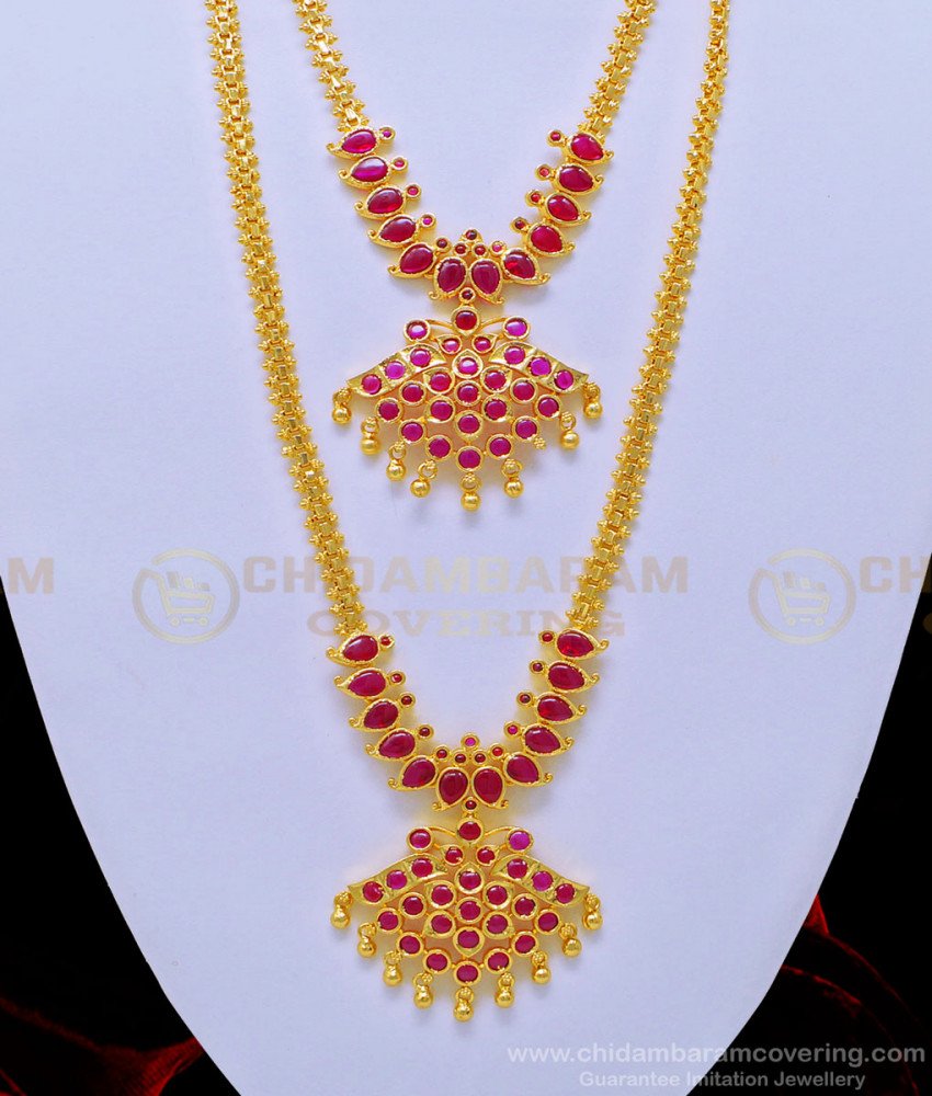 HRM643 - Beautiful First Quality Gold Plated Ruby Stone Real Kemp Jewellery Haram Necklace Set for Wedding 