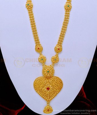 HRM646 - Latest Heart Dollar Gold Beads with Ruby Emerald Stone One Gram Gold Long Haram 