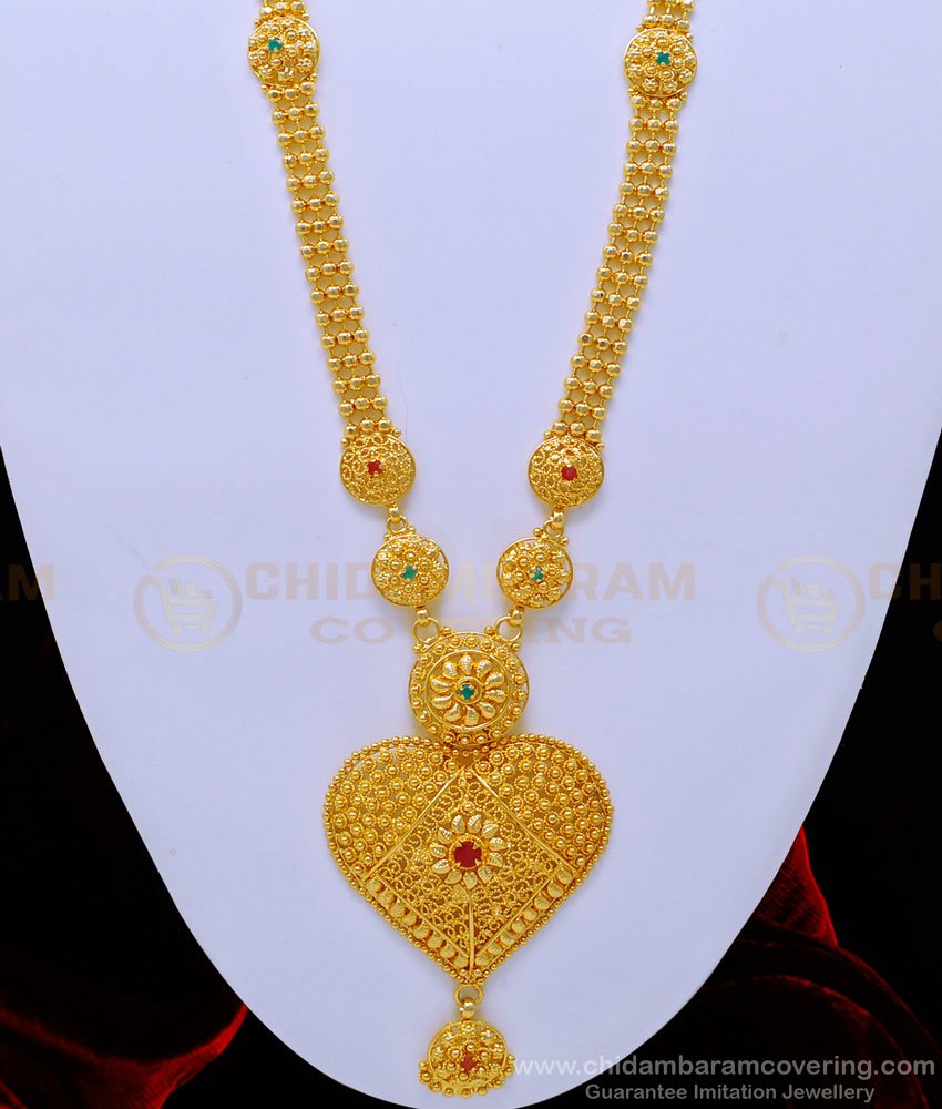HRM646 - Latest Heart Dollar Gold Beads with Ruby Emerald Stone One Gram Gold Long Haram 