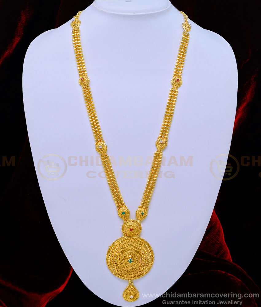 HRM647 - New Model Multi Stone Gold Beads with Round Dollar Long Haram for Wedding  