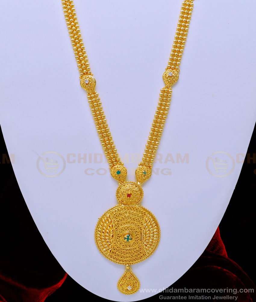 HRM647 - New Model Multi Stone Gold Beads with Round Dollar Long Haram for Wedding  