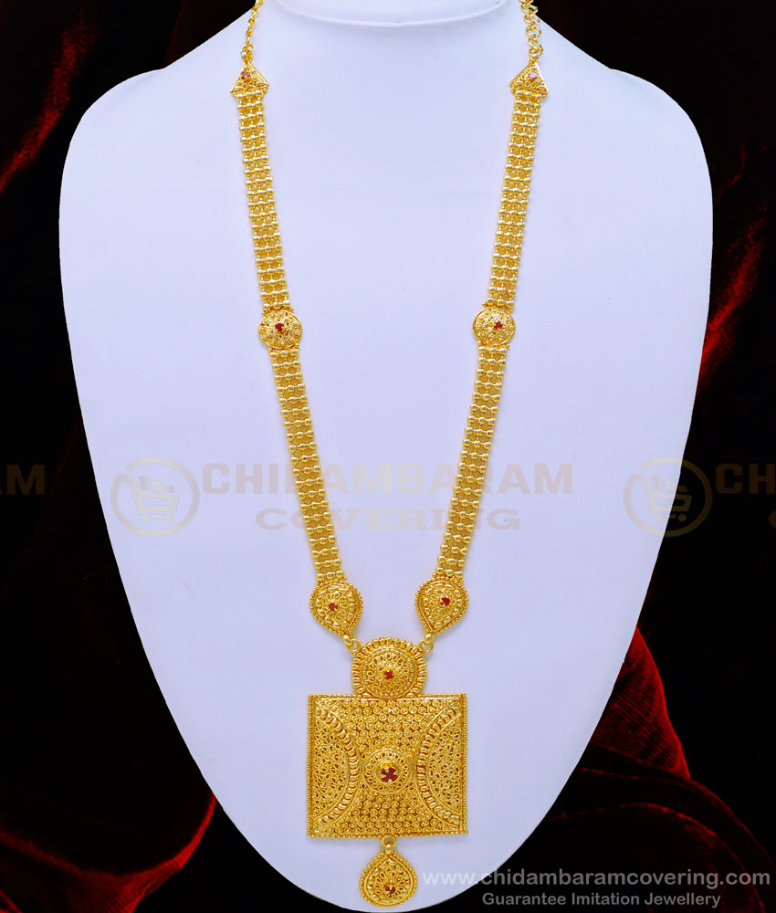 HRM649 - Real Gold Design Heavy Gold Beads Ruby Stone Square Dollar Gold Covering Haram for Wedding 