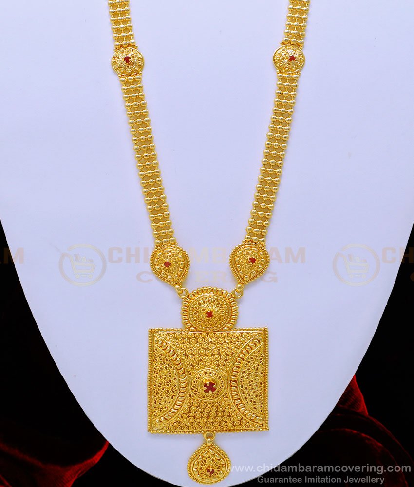 HRM649 - Real Gold Design Heavy Gold Beads Ruby Stone Square Dollar Gold Covering Haram for Wedding 