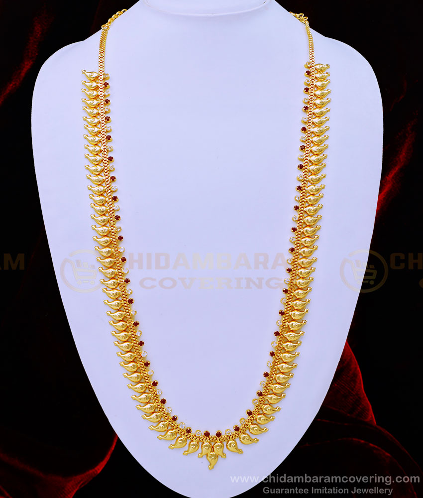 HRM659 - Traditional Ruby Stone and White Stone Mango Haram Design Gold Paled Jewellery