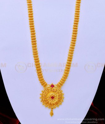 HRM668 - 1 Gram Gold Plated Net Pattern Single Ruby Stone Function Wear Long Haram 