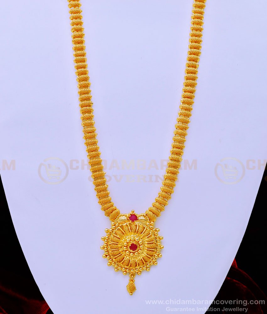 HRM668 - 1 Gram Gold Plated Net Pattern Single Ruby Stone Function Wear Long Haram 