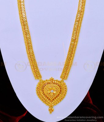 HRM671 - Beautiful Single Stone Heart Design One Gram Gold Long Haram Online