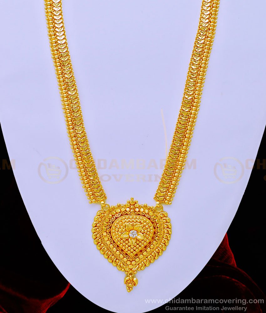 HRM671 - Beautiful Single Stone Heart Design One Gram Gold Long Haram Online