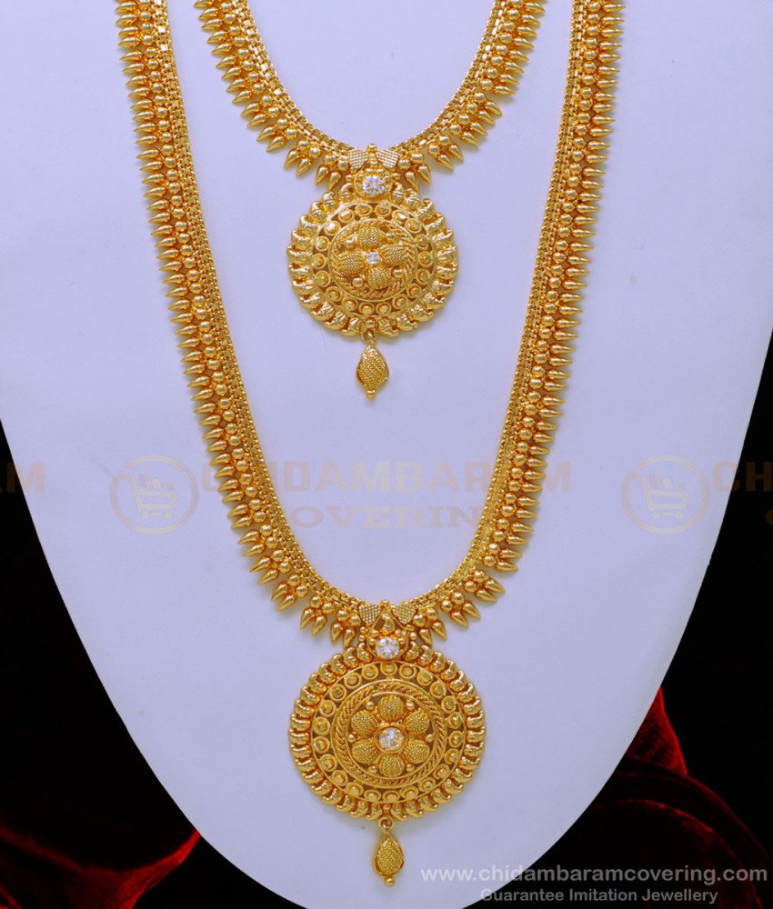 HRM688 - 1 Gram Gold Plated White Stone Mulla Mottu Haram with Necklace for Wedding 