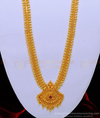 HRM695 - Beautiful Mango Design Ruby Stone One Gram Gold Long Haram Design