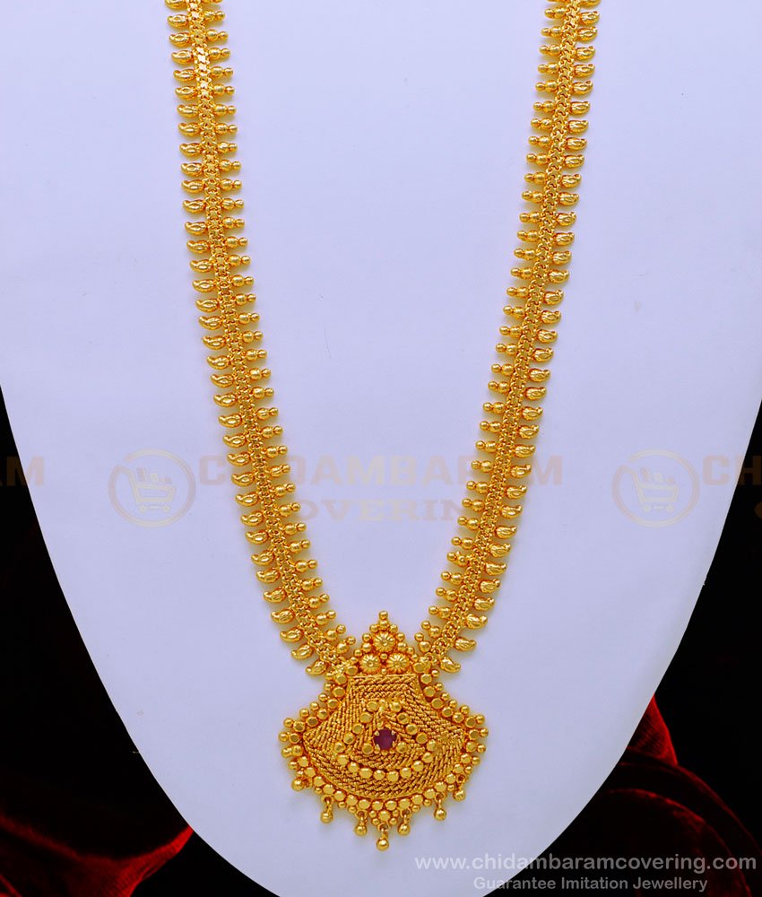 HRM695 - Beautiful Mango Design Ruby Stone One Gram Gold Long Haram Design