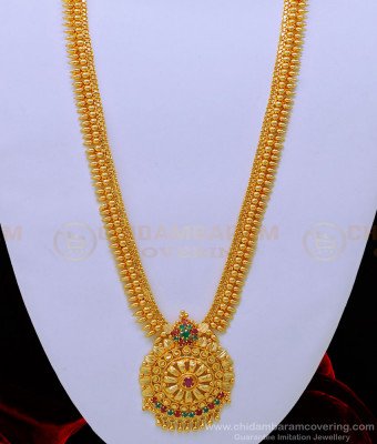 HRM696 - Latest Mullapoo Design Ruby Emerald Stone Wedding Long Haram 