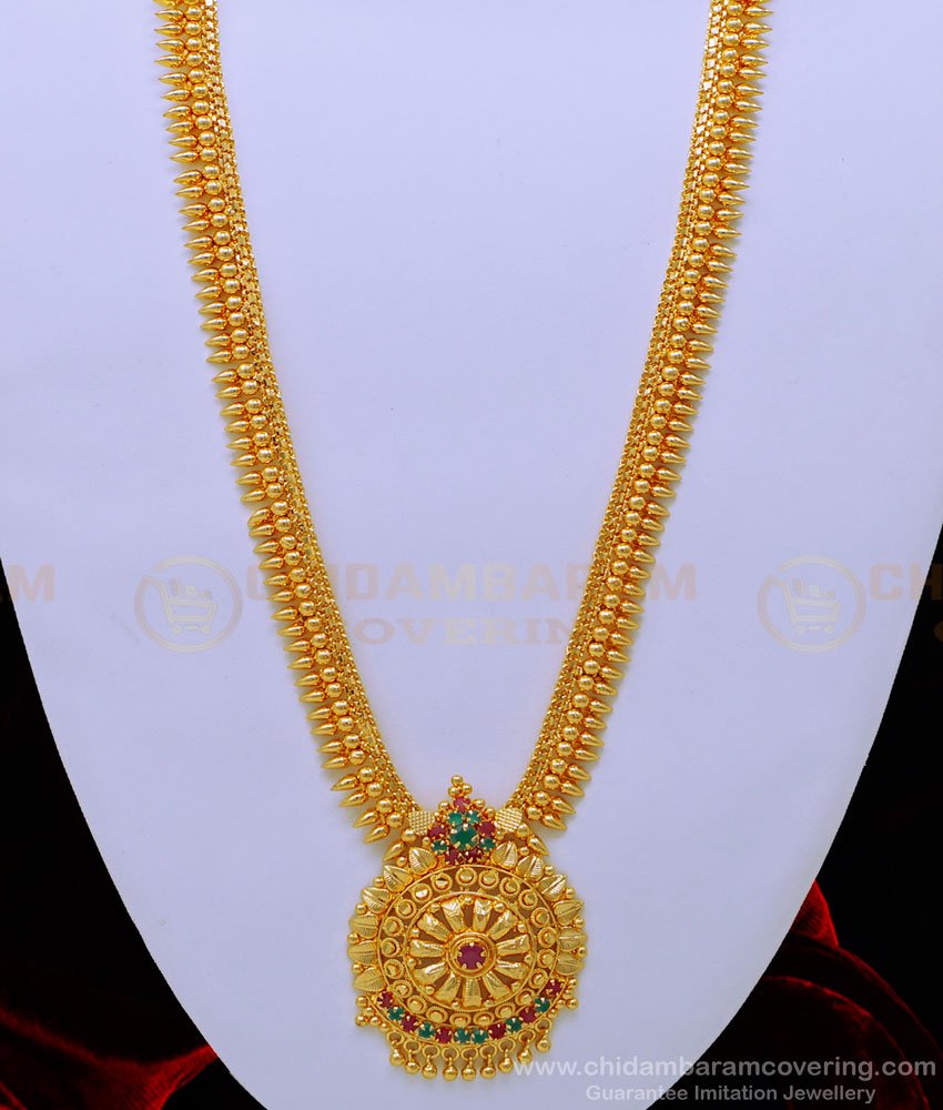 HRM696 - Latest Mullapoo Design Ruby Emerald Stone Wedding Long Haram 