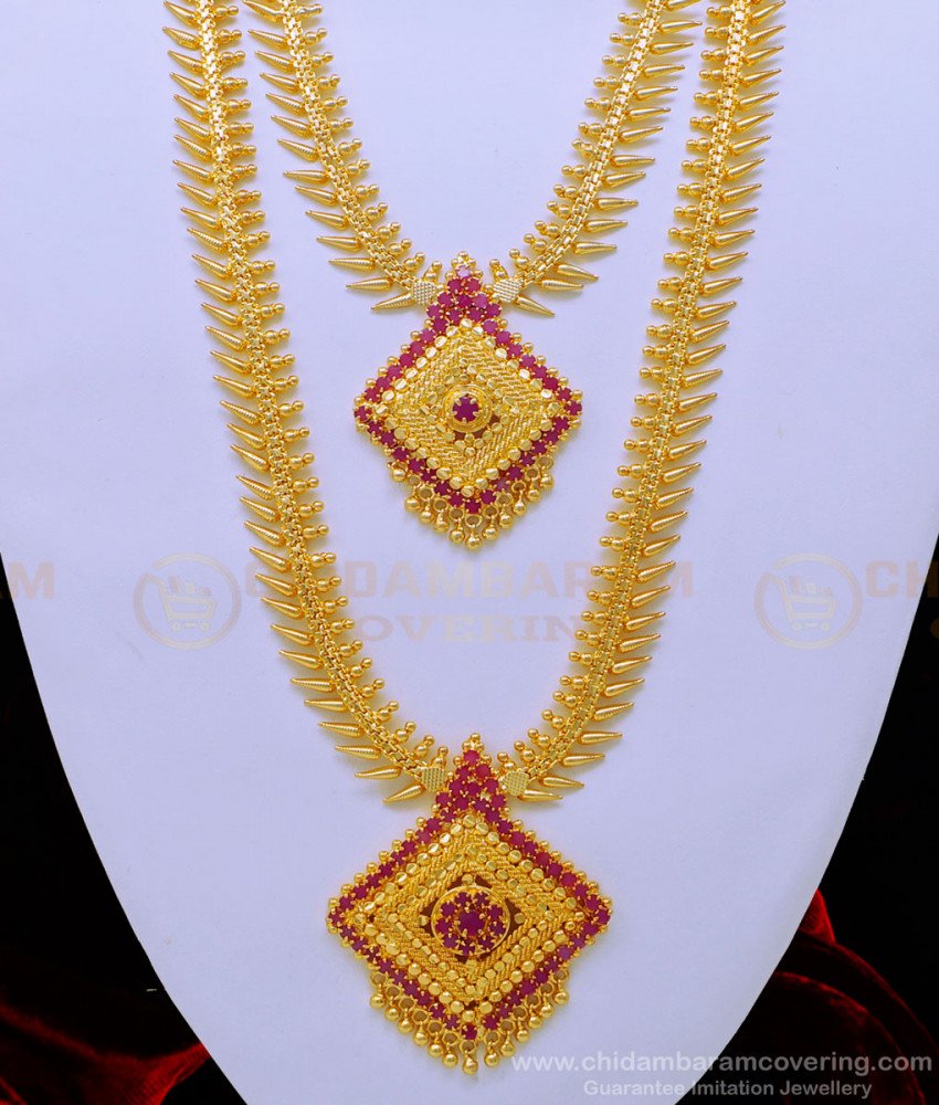 HRM702 - Unique Ruby Stone Pure Gold Plated Haram With Necklace Set Wedding Jewellery