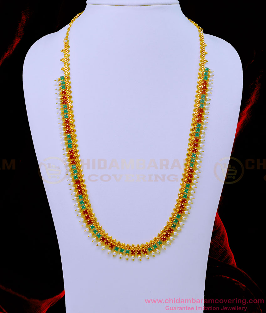 HRM709 - Latest Gold Plated Ruby Emerald Stone Original Pearl Haram South Indian Jewellery Online