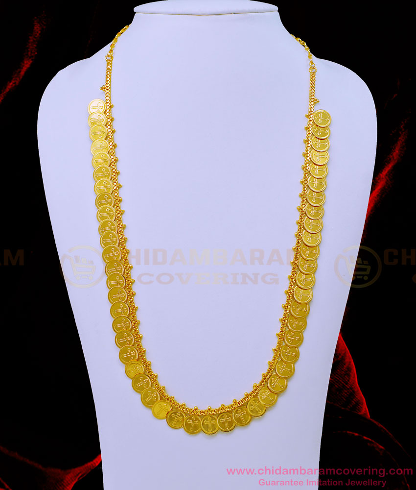 HRM711 - Traditional Gold Design Christian Cross Coin Mala One Gram Gold Long Haram Online 