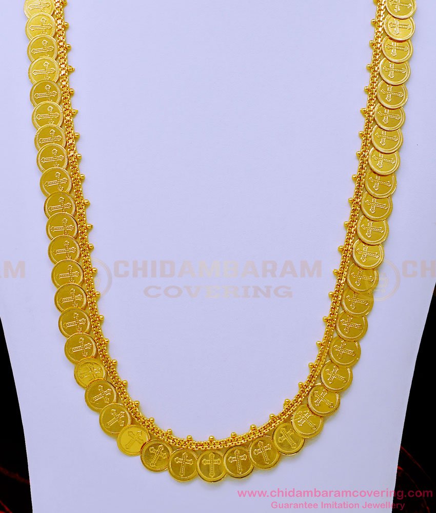 HRM711 - Traditional Gold Design Christian Cross Coin Mala One Gram Gold Long Haram Online 