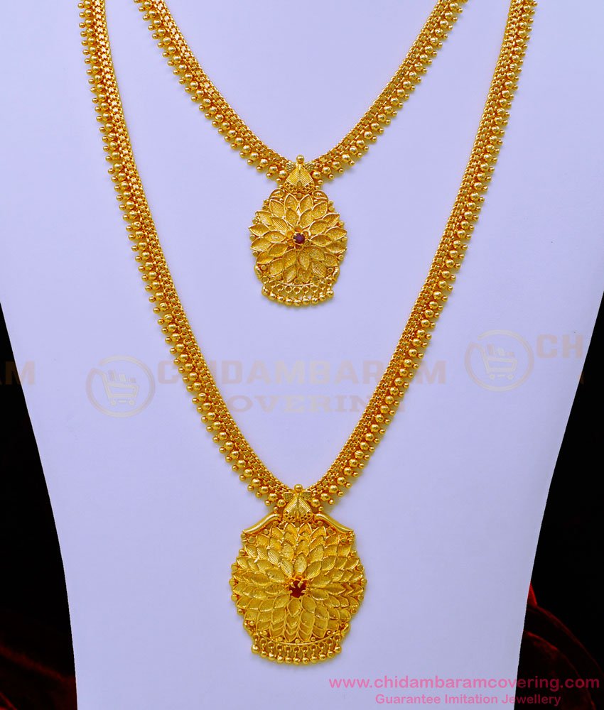 HRM722 - 1 Gram Gold Simple Flower Design Pendant Haram Necklace Set for Women Wedding 