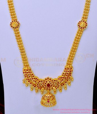 HRM729 - Latest Ruby Kemp Stone Lakshmi Haram Gold Plated Haram With Jhumkas Earrings Set
