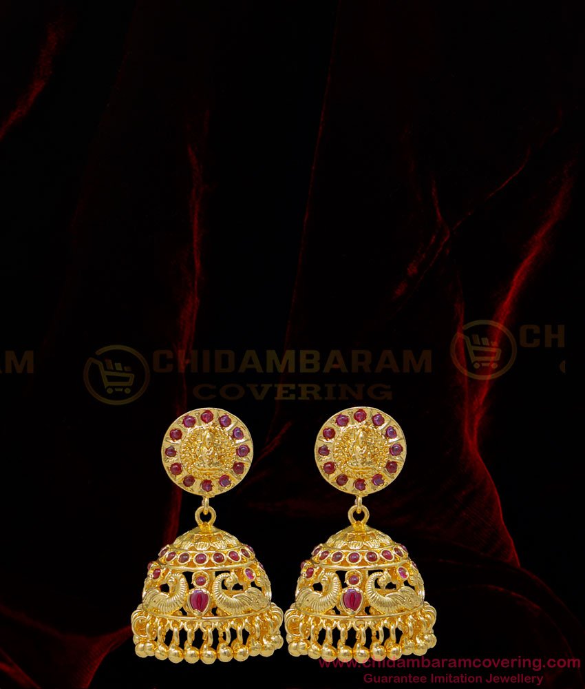 HRM729 - Latest Ruby Kemp Stone Lakshmi Haram Gold Plated Haram With Jhumkas Earrings Set