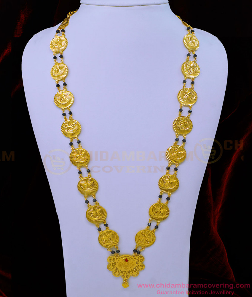 HRM734 - Gold Plated Islamic Crescent Double Line Black Crystal Long Galsar Chain for Women