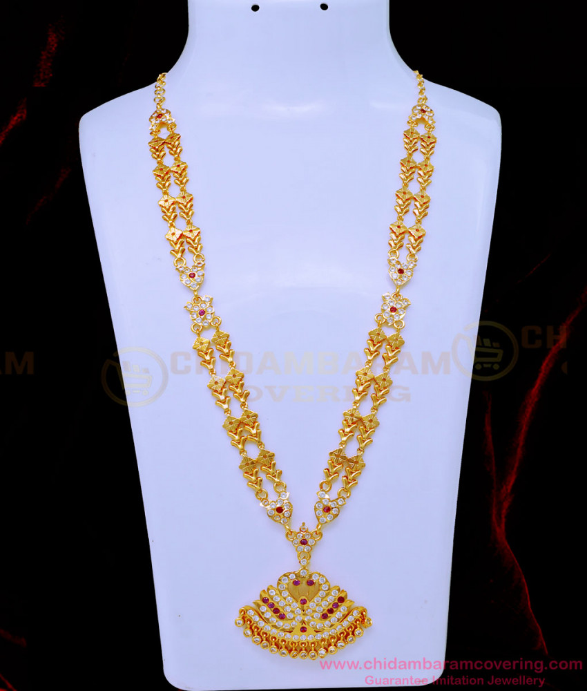 HRM740 - Latest Five Metal White and Ruby Stone Swan Dollar Design Two Line Impon Haram Online