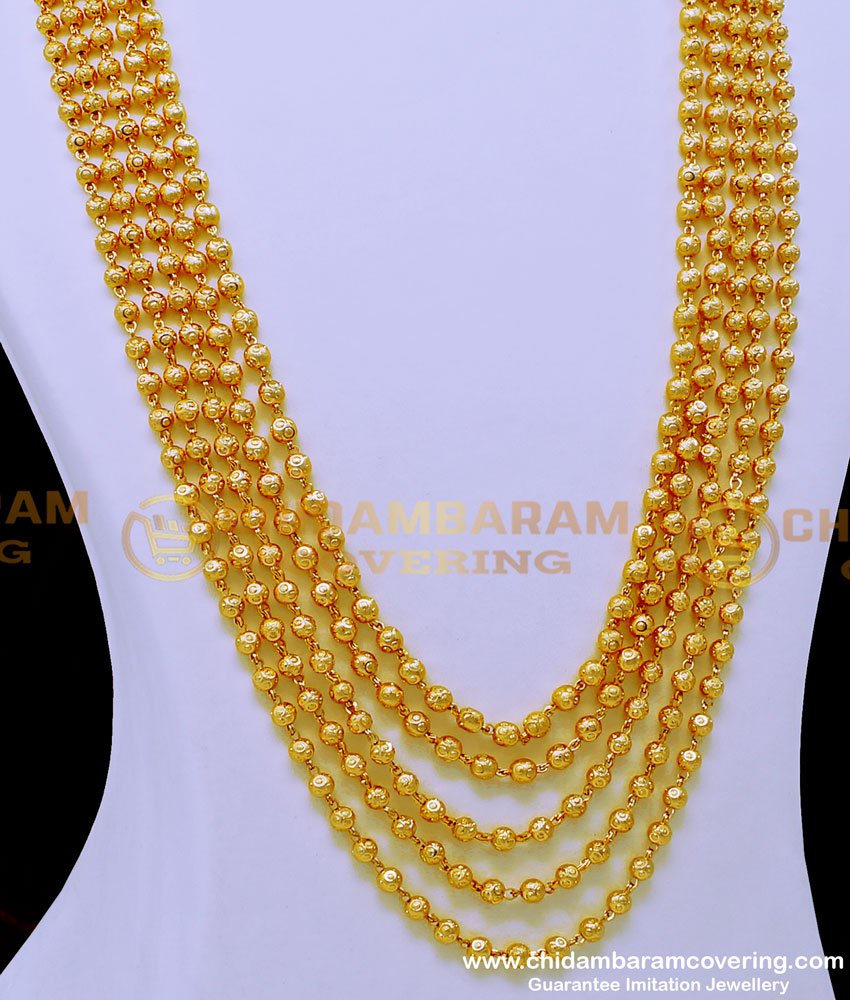HRM785 - Latest Five Line Gold Balls Haram Chandraharam Designs for Women 
