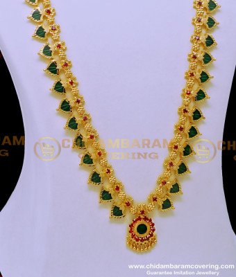 HRM792 - 30 Inches Traditional Green Palakka Mala Gold Plated Long Palakka Haram Design Online