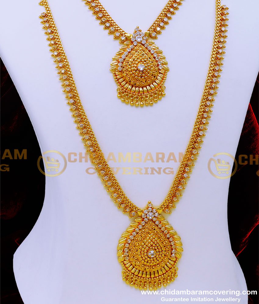 HRM832 - First Quality White Stone Long Haram with Necklace Set for Wedding 