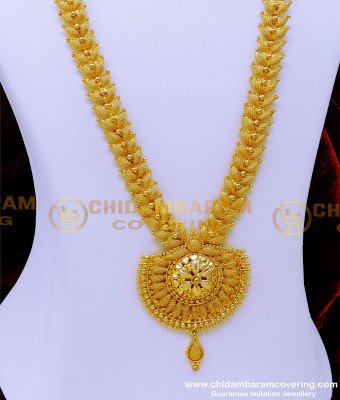HRM847 - One Gram Gold Plated Net Pattern Leaf Design Long Haram 