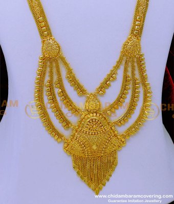 HRM860 - 2 Gram Gold 4 Line Forming Gold Haram with Earrings Set