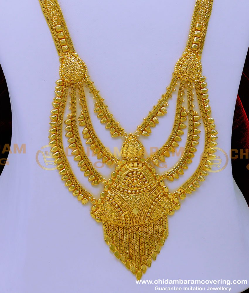 HRM860 - 2 Gram Gold 4 Line Forming Gold Haram with Earrings Set