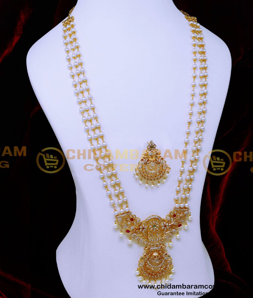 HRM1045 - Latest White Stone Pearl Haram South Indian Jewellery