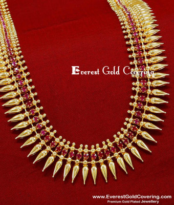 HRM1086 - Gold Pattern Kerala Ruby Stone Long Mullai Mottu Haram