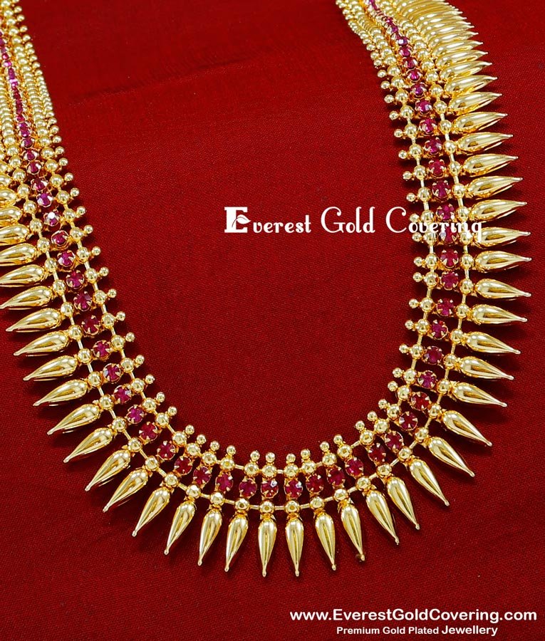 HRM1086 - Gold Pattern Kerala Ruby Stone Long Mullai Mottu Haram